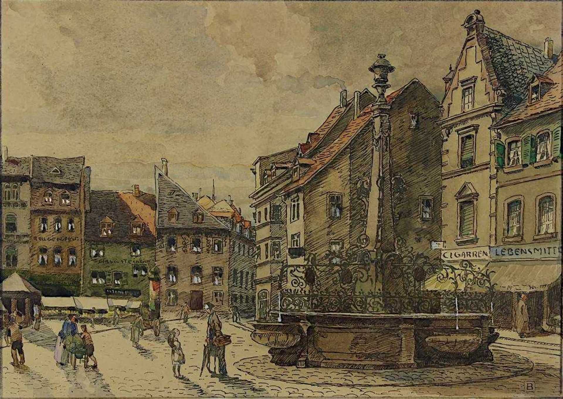 Baumann, Eugen (saarländischer Künstler, 1.H.20.Jh.), St. Johanner Markt mit Häusern und Brunnen, - Image 2 of 2