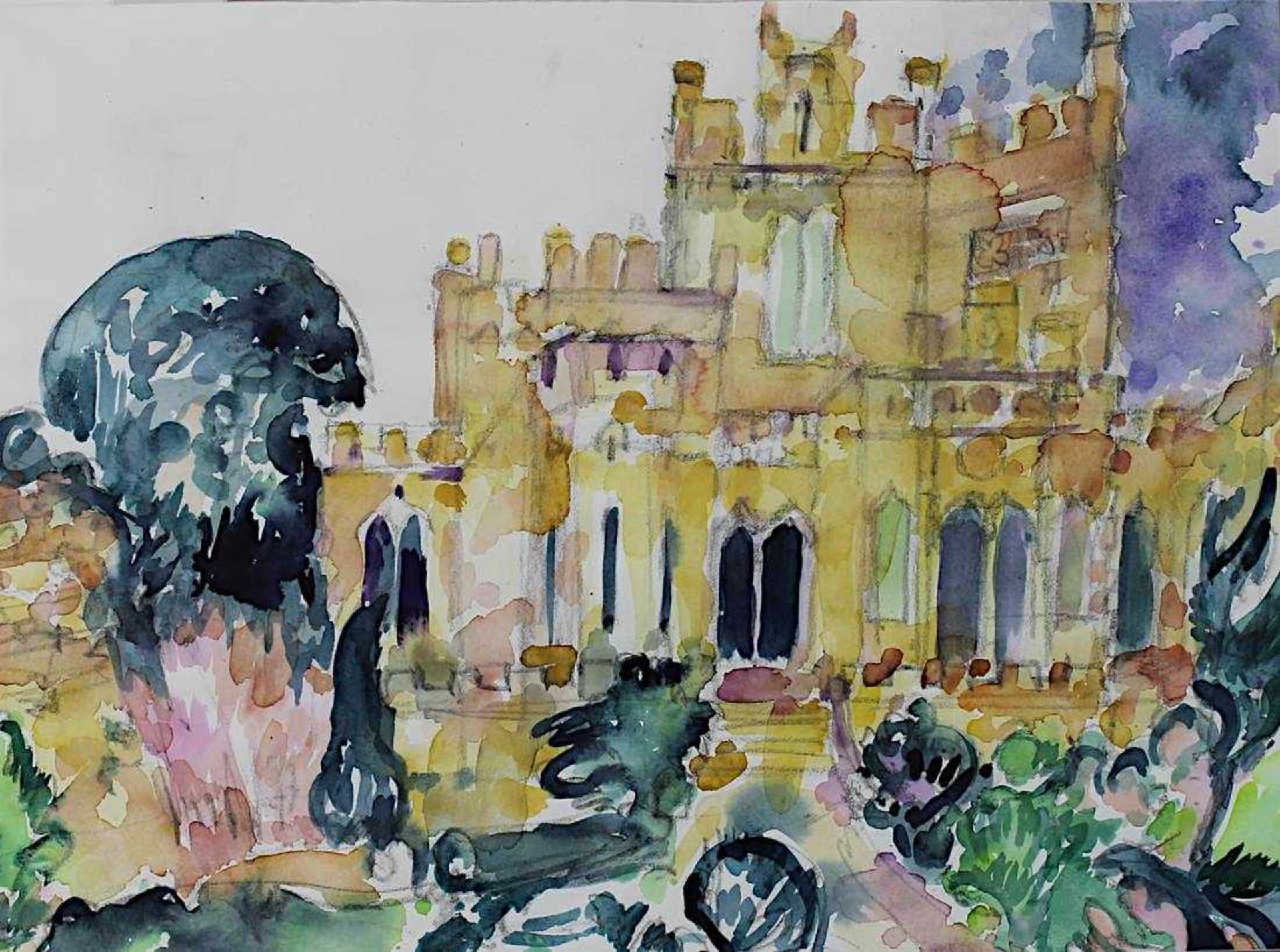 Juncker, Hermann Theophil (geb. Ludwigshafen 1929), Schlossanlage wohl in der Normandie, Aquarell, - Image 2 of 2