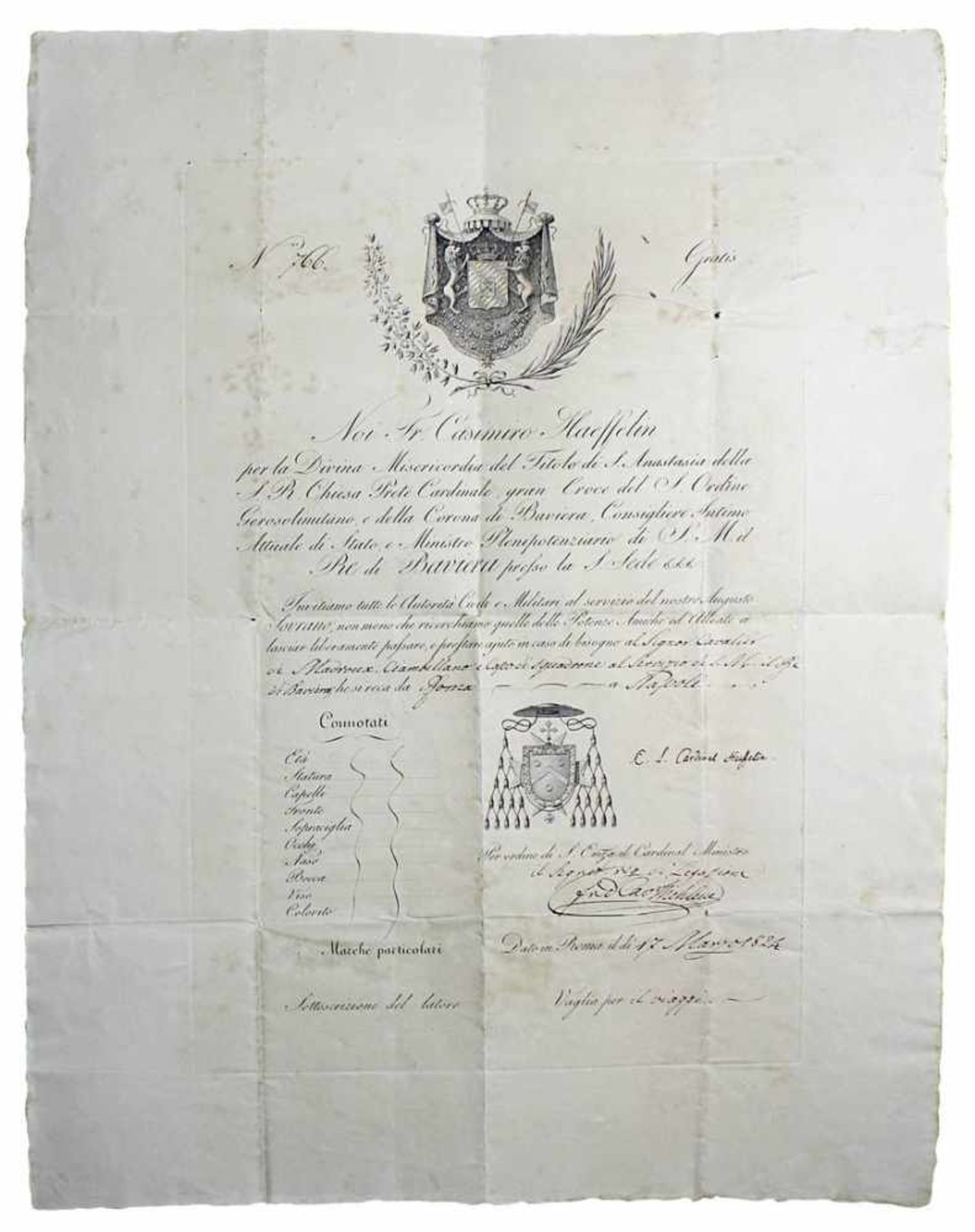 Passierschein für den Freiherrn Ludwig von Madroux (1788 - 1865) von Rom nach Neapel, ausgestellt