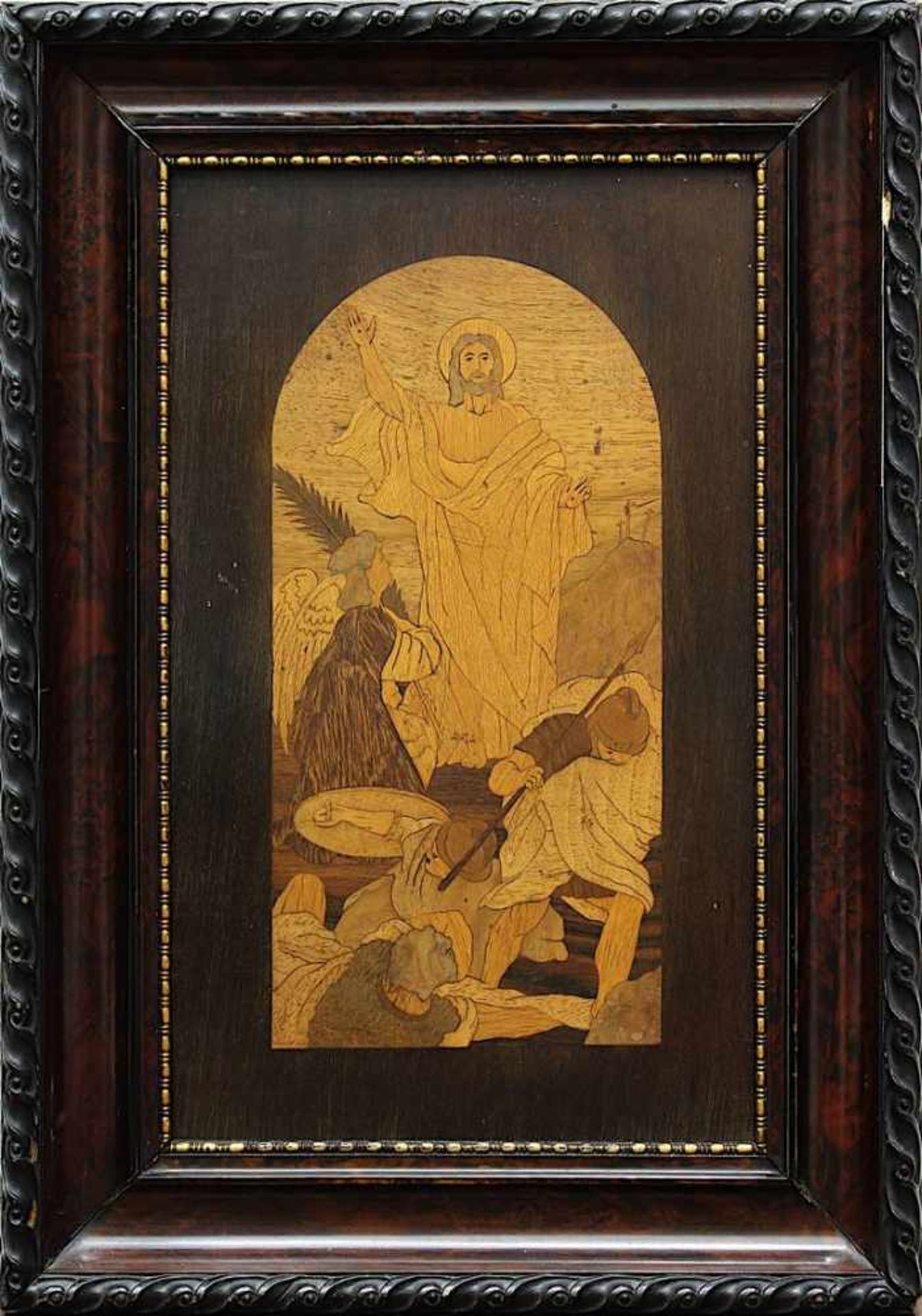 Intarsienbild um 1900, der auferstandene Christus mit Engel und dem erschrockenen Soldaten,