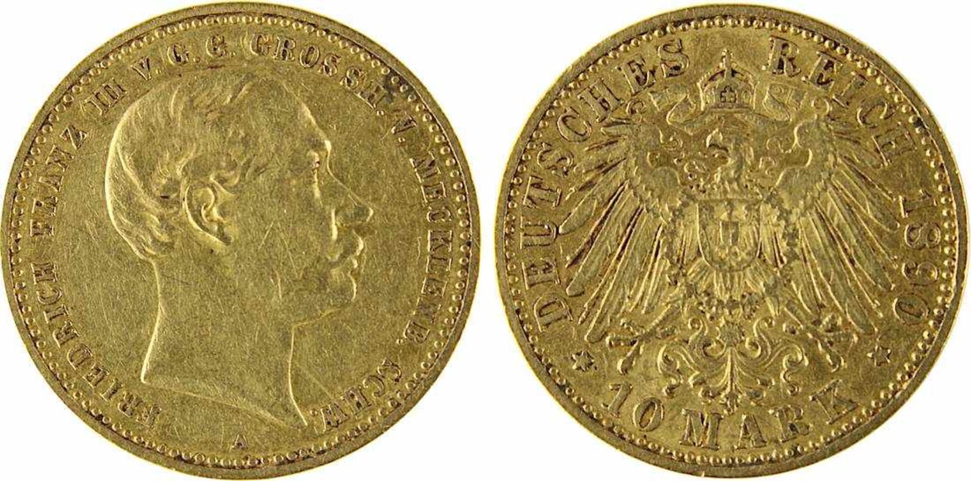10 Mark Goldmünze Deutsches Reich, Mecklenburg-Schwerin 1890, 900er Gold, VS Friedrich Franz III