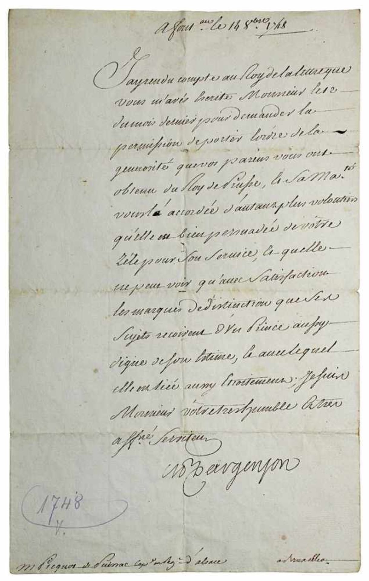 Schreiben eines hohen Hofbeamten, Sekretär Ludwig XV König von Frankreich und Navarra (1710 - 1774),
