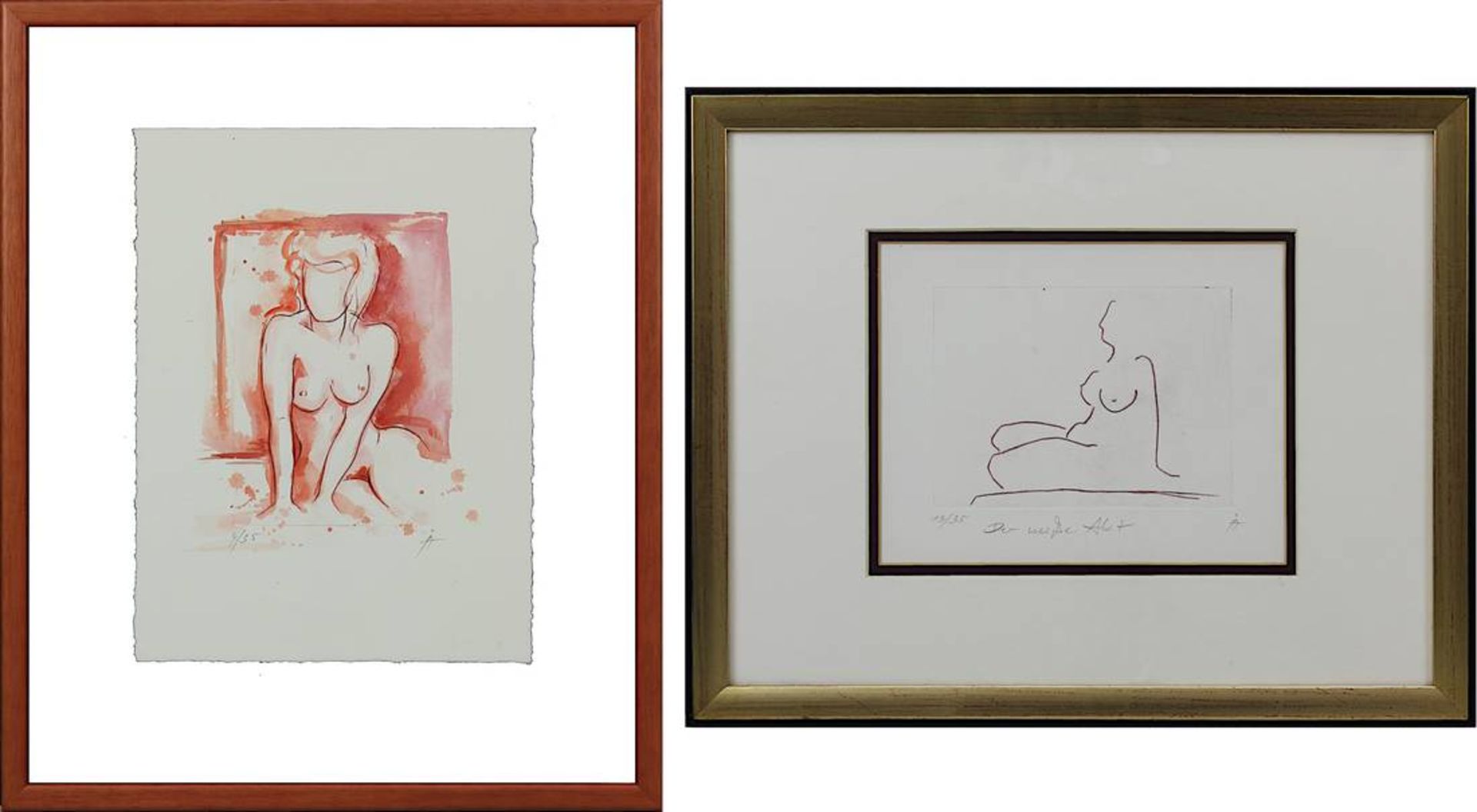 Monogrammist "I.A." Zwei Radierungen: Weibliche Akte, einer aquarelliert, 17 x 13,5 cm, am unteren