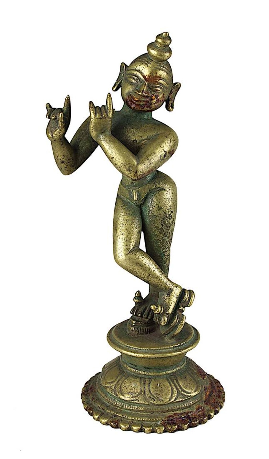 Musizierender Krishna, Indien, 19.Jh., Bronzefigur, querflötespielender Krishna in bewegter
