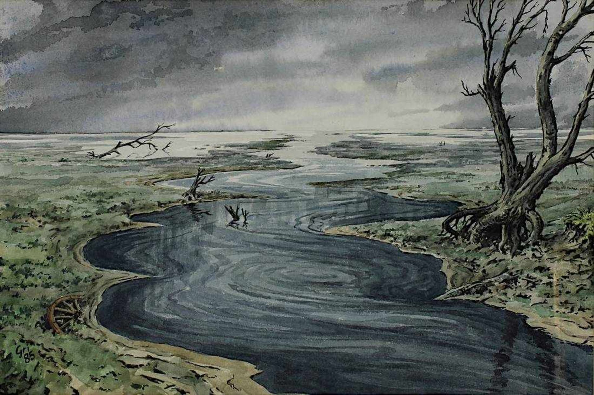 Grittmann, Eugen (Beckingen 1923 - 2015 Beckingen), Hochwasser im Niemandsland, Aquarell auf - Image 2 of 2