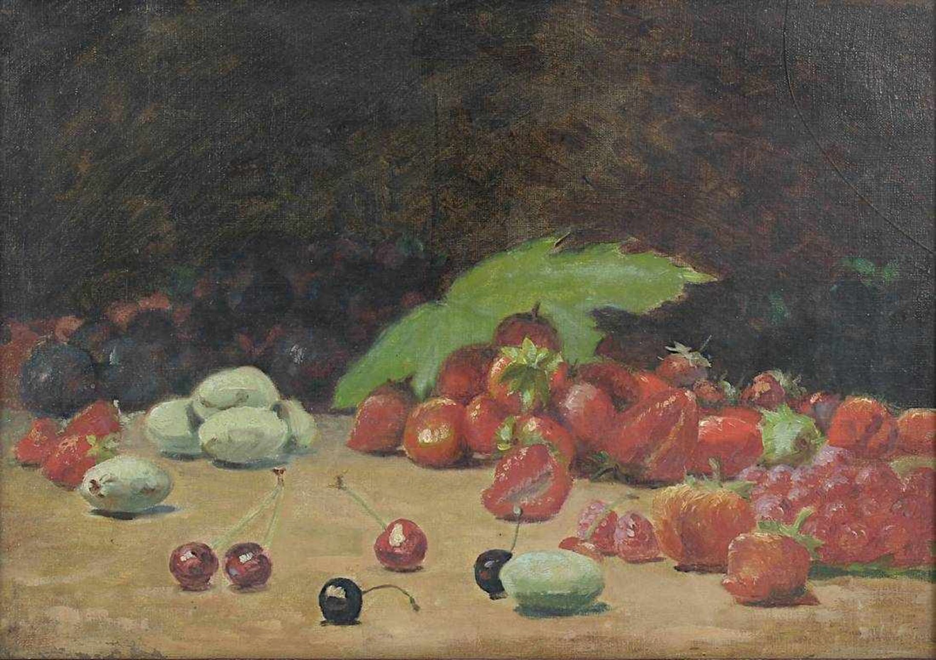 Stillebenmaler um 1900, Stilleben mit Früchten, Öl/Lwd., 32,5 x 46 cm, Leinwand mit hinterlegten - Bild 2 aus 2