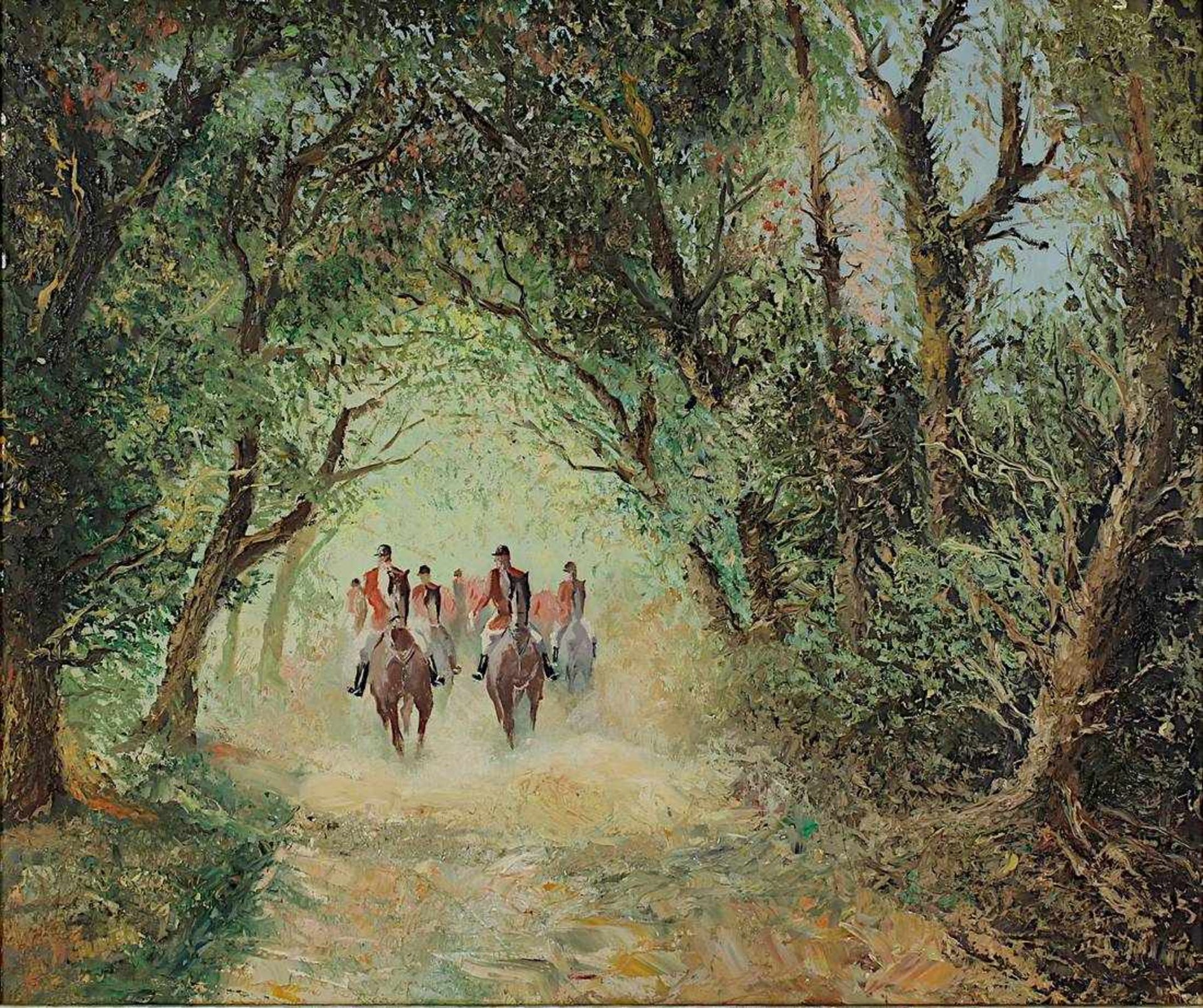 Flöth (Maler, 1.H.20.Jh.), Reitgesellschaft im Wald, Öl/Lwd., unt. li. signiert, 50,5 x 60,5 cm, - Bild 2 aus 2
