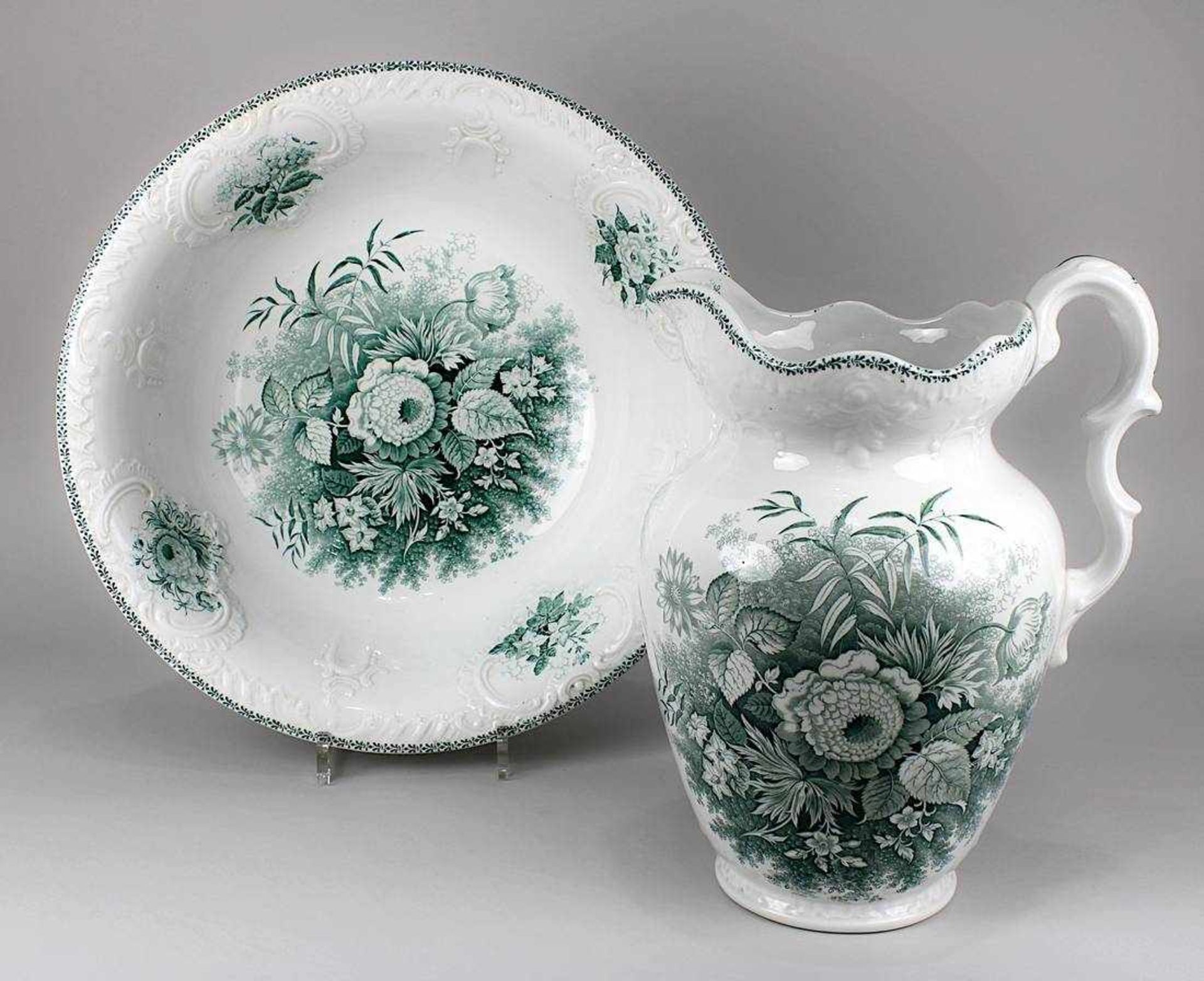 Waschgarnitur Villeroy & Boch, Mettlach um 1900, zweiteilig, Keramik, heller Scherben mit floralem