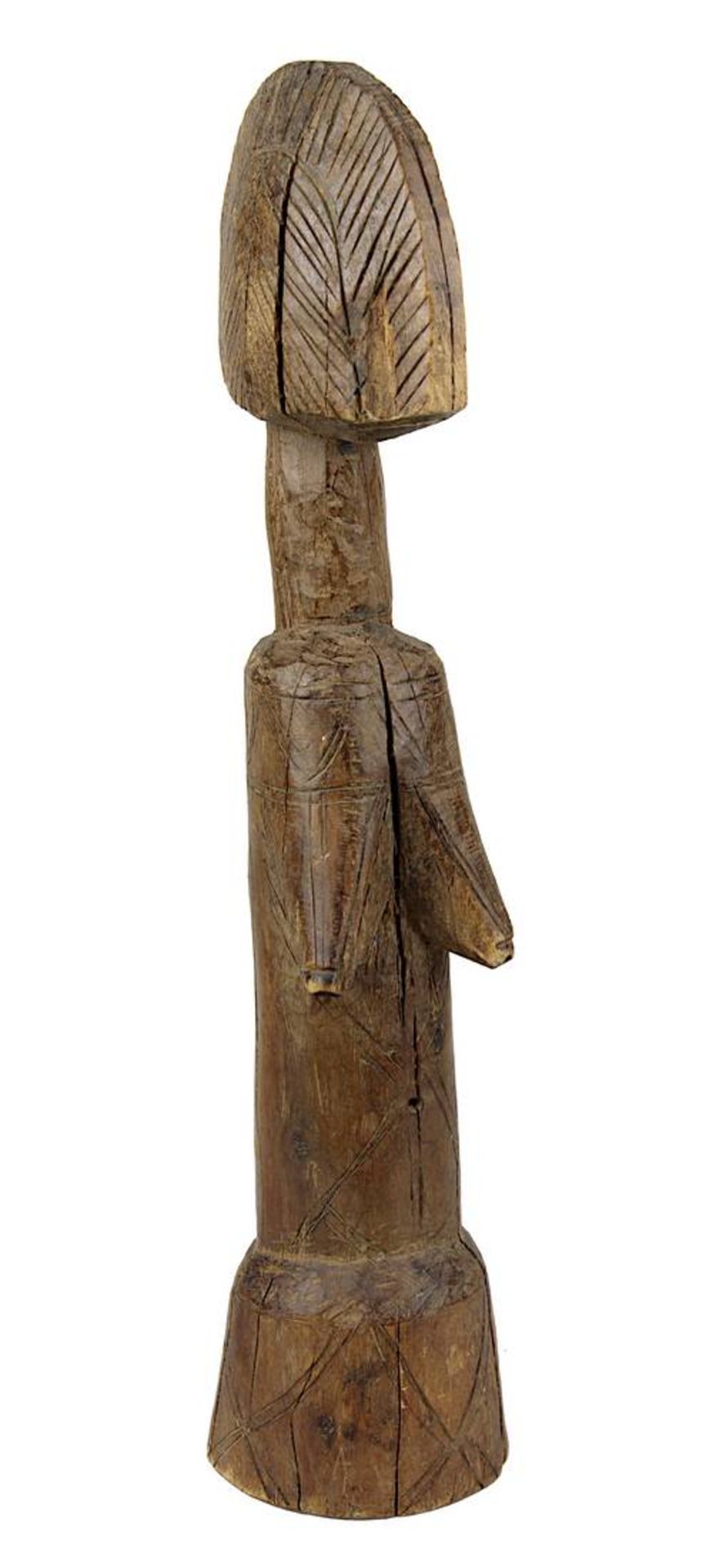 Puppe der Mossi, Burkina Faso, schweres Holz geschnitzt und mit Ritzornamentik verziert, schimmernde