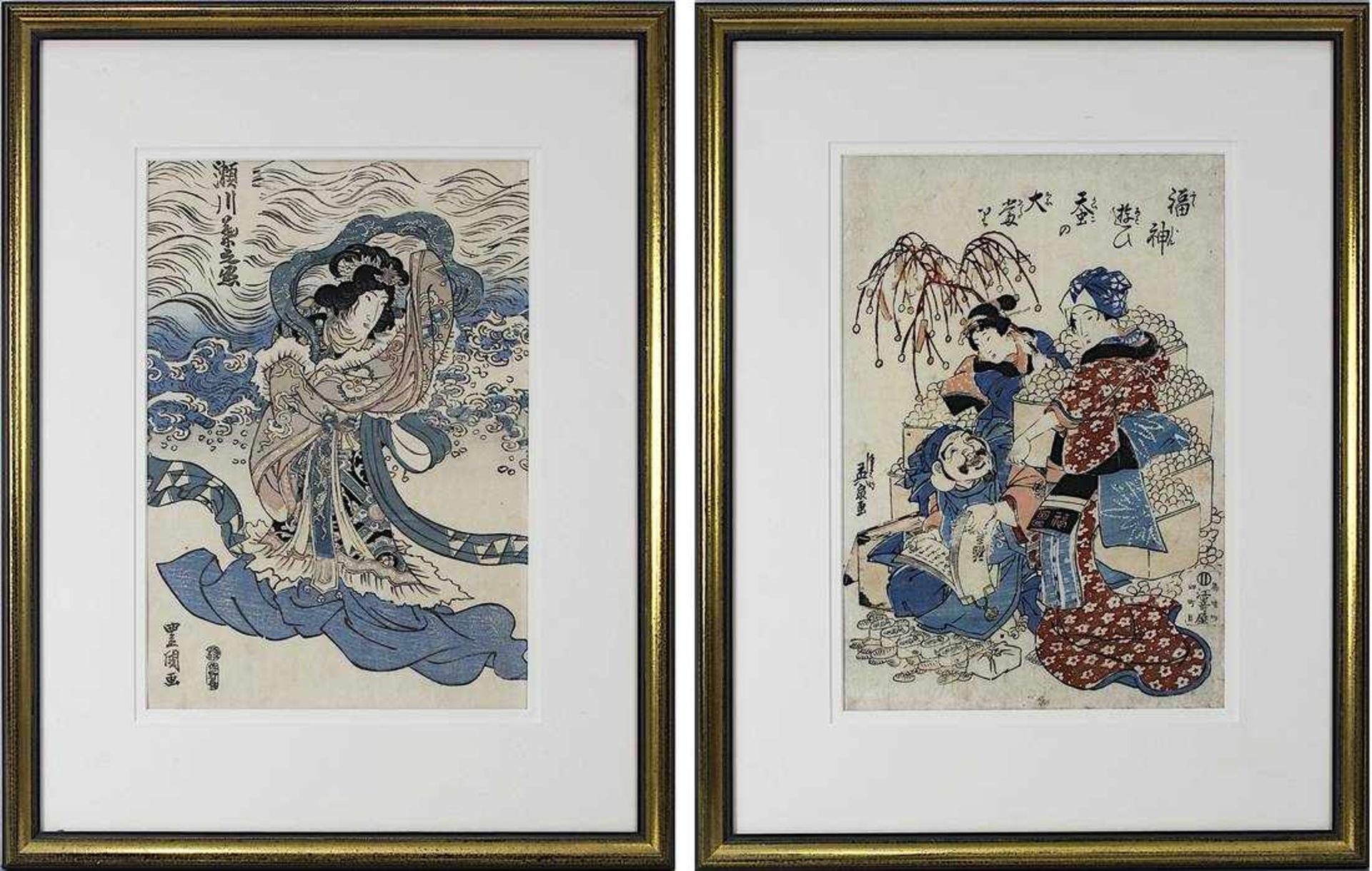 Toyokuni III und Ikeda Eisen, 2 Farbholzschnitte: Toyokuni III (Kunisada, 1786-1864), Windgöttin