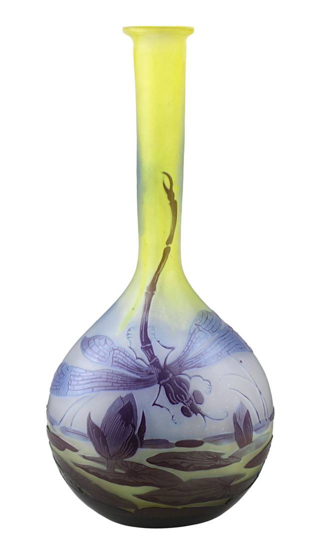 Gallé - Jugendstilvase Libelle, Nancy, 1904-06, Soliflor-Vase, leicht flachgedrückter Vasenbauch mit