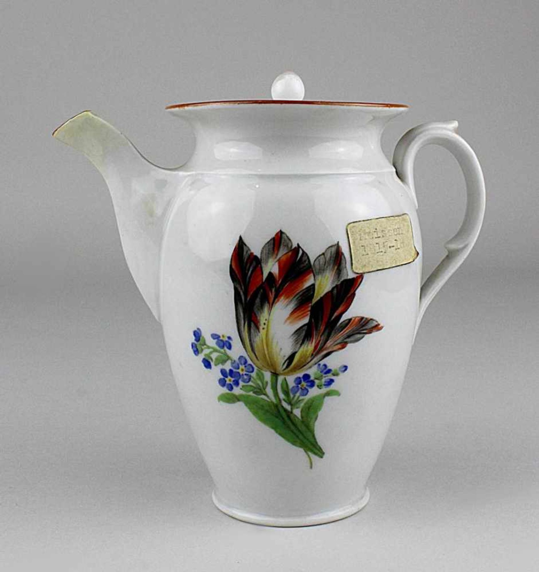 Meissen Mokkakanne, 1850-1923, Porzellan, weißer Scherben, Aufglasur gemalte Blüte, im Boden - Image 2 of 3