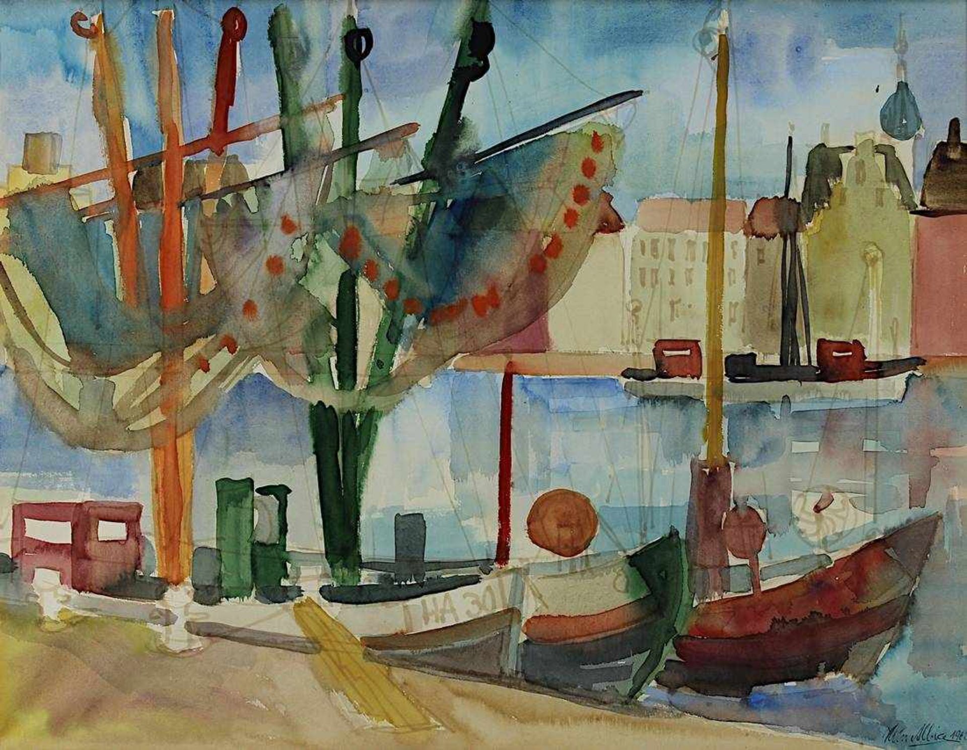 Albice, Klin (Aquarellmaler 2. Hälte 20. Jh.), Fischerboote in einem südländischen Hafen, - Bild 2 aus 2