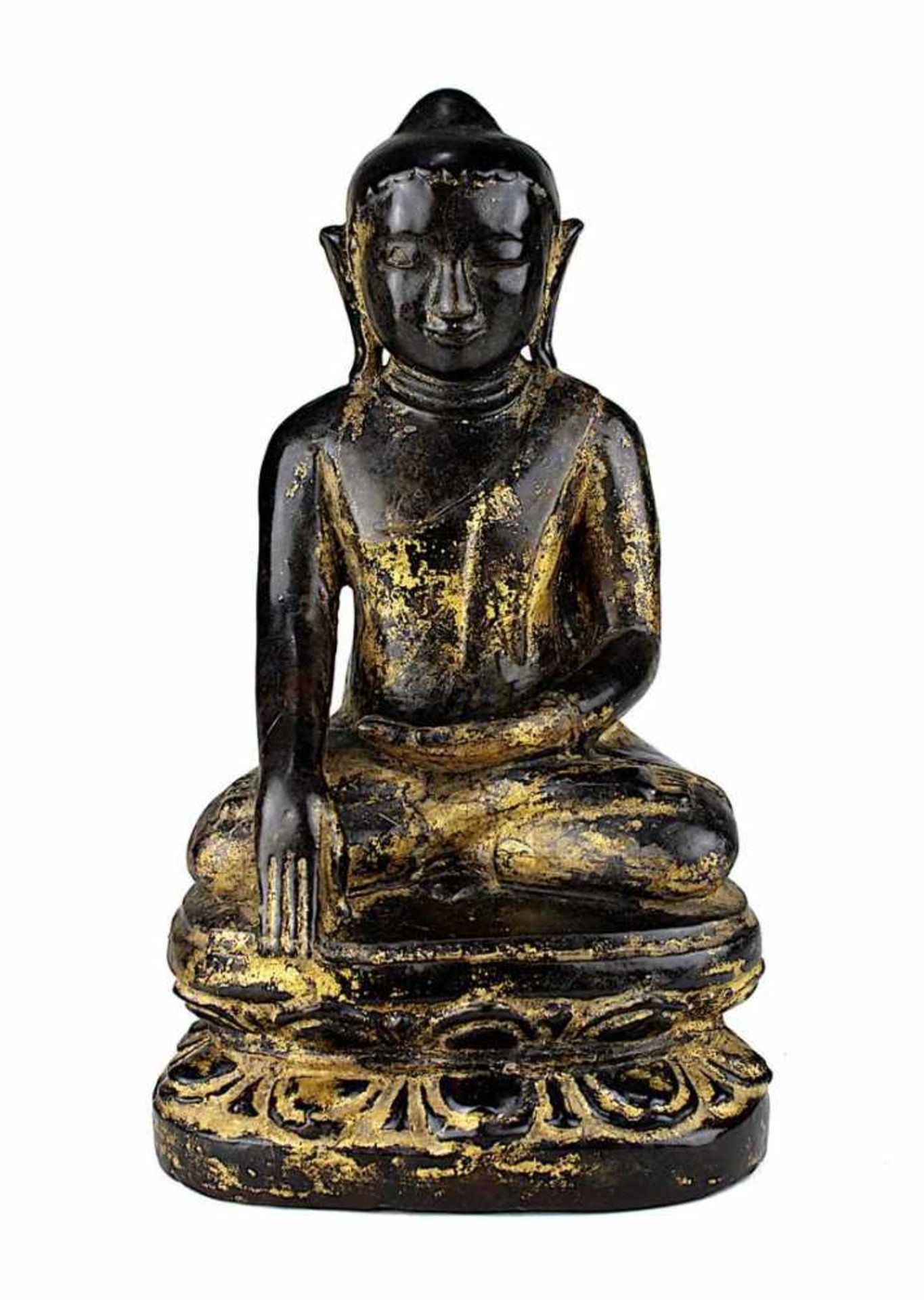 Buddha, Burma 19 Jh., schwarz lasierte Keramikfigur mit Resten von Vergoldung, in sitzender Haltung