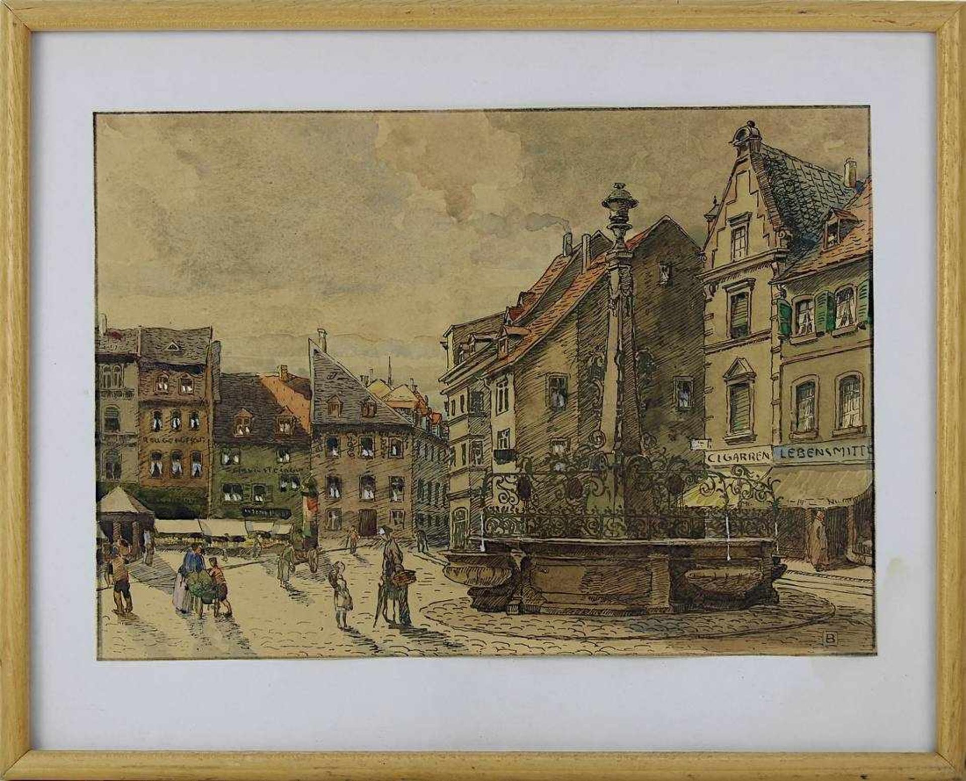 Baumann, Eugen (saarländischer Künstler, 1.H.20.Jh.), St. Johanner Markt mit Häusern und Brunnen,