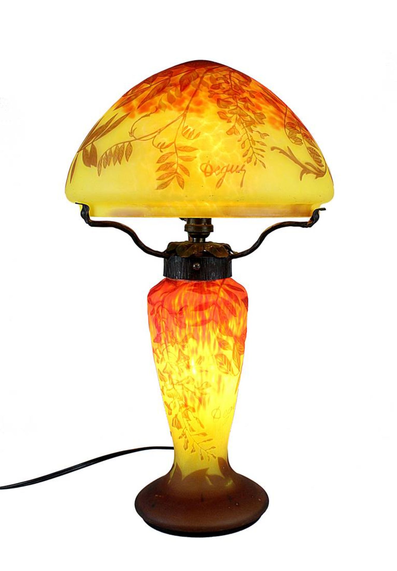 Degué Tischlampe, Compiègne 1926/39. Pilzförmige Lampe aus Klarglas mit gelben und orangenen