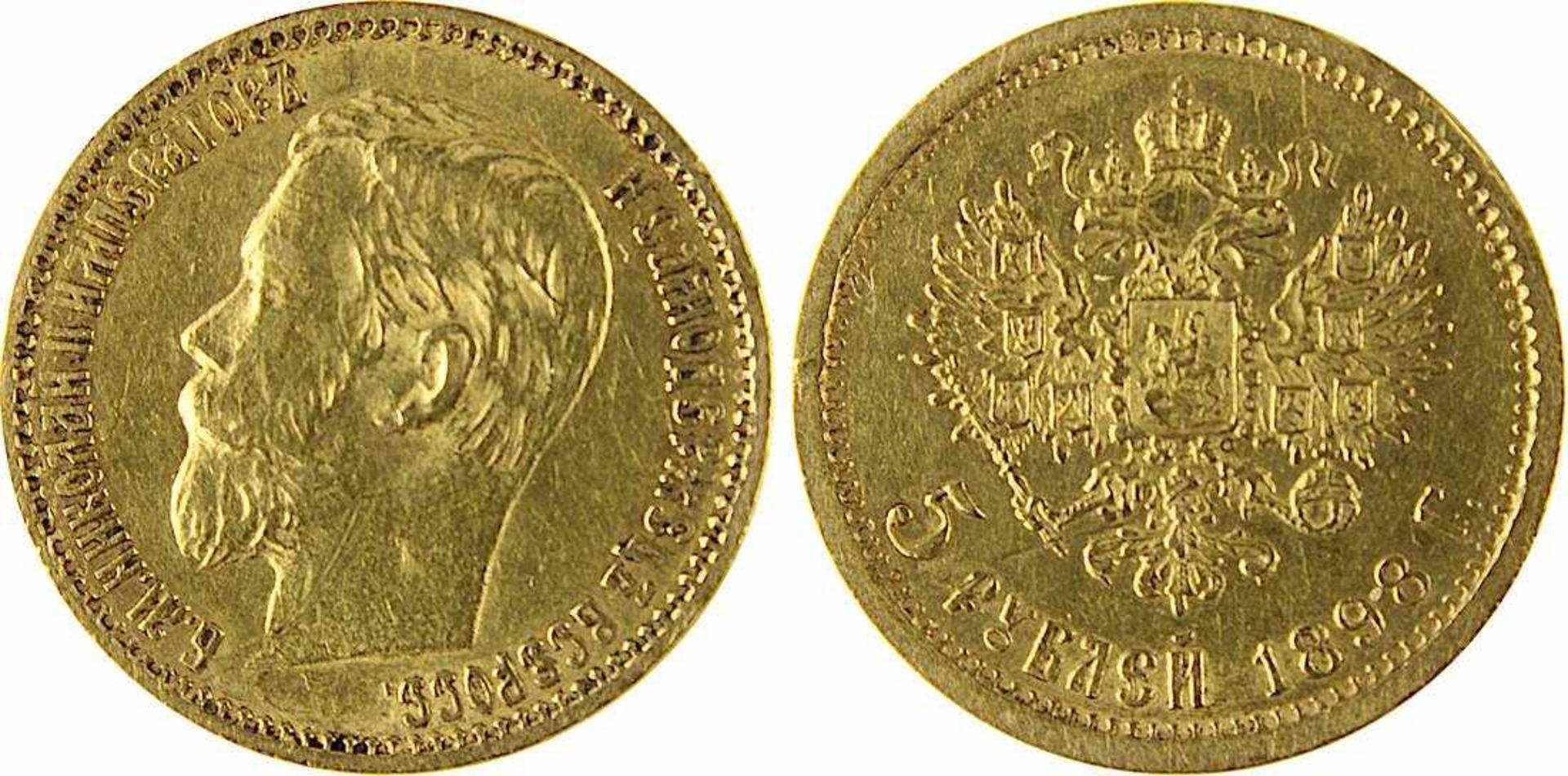 5 Rubel Goldmünze Nikolaus II, Russland 1898, 900er Gold, VS Nikolaus II Zar von Russland, Kopf nach