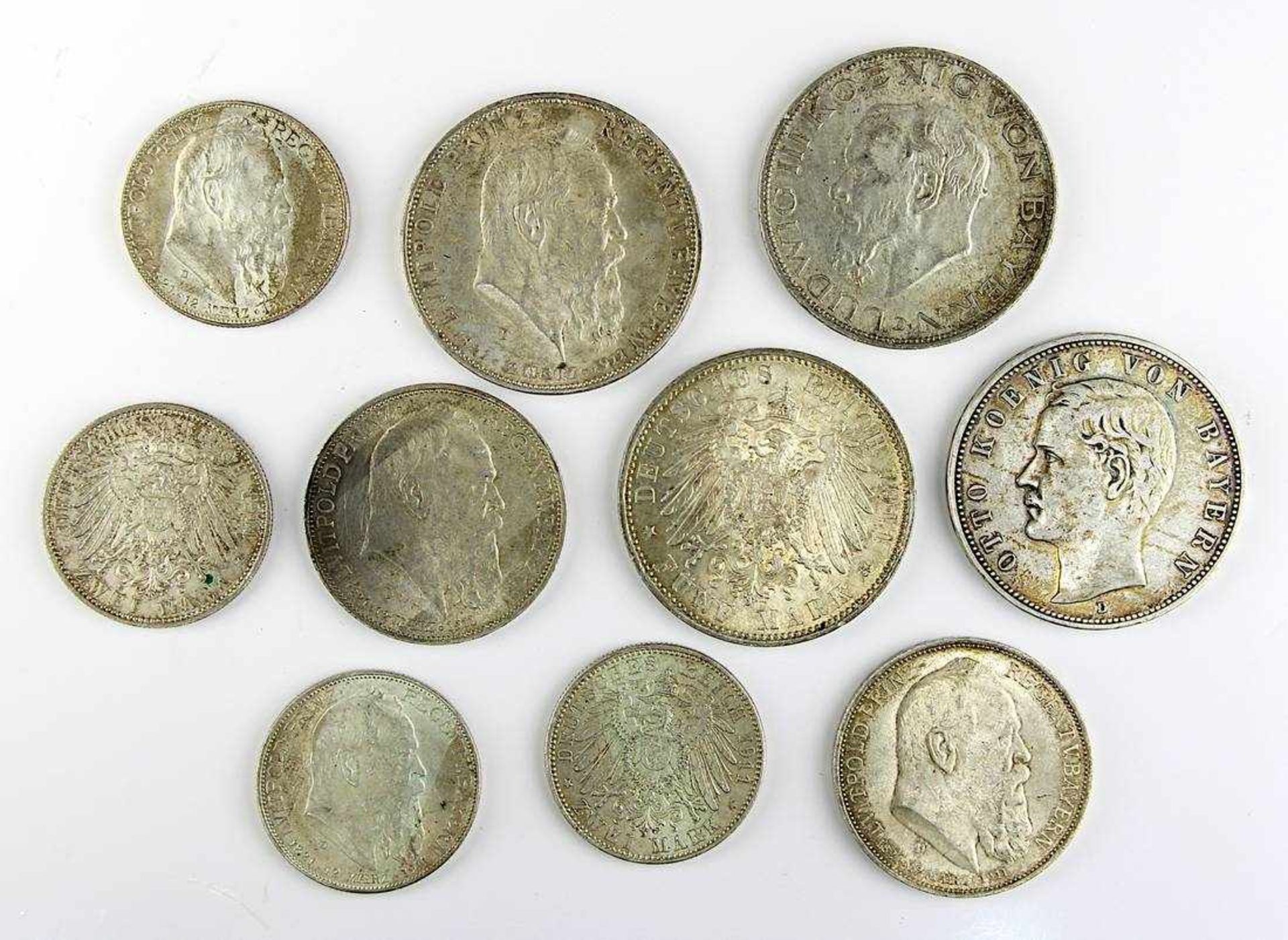 10 Silbermünzen Deutsches Reich, Königreich Bayern 1904-1914: 4 Stücke zu 5 Mark Otto Koenig von