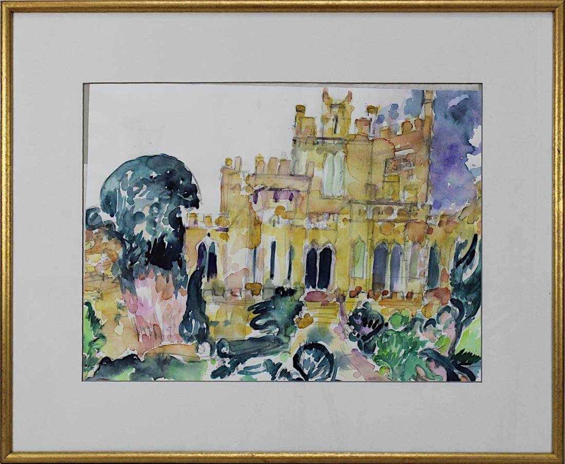 Juncker, Hermann Theophil (geb. Ludwigshafen 1929), Schlossanlage wohl in der Normandie, Aquarell,