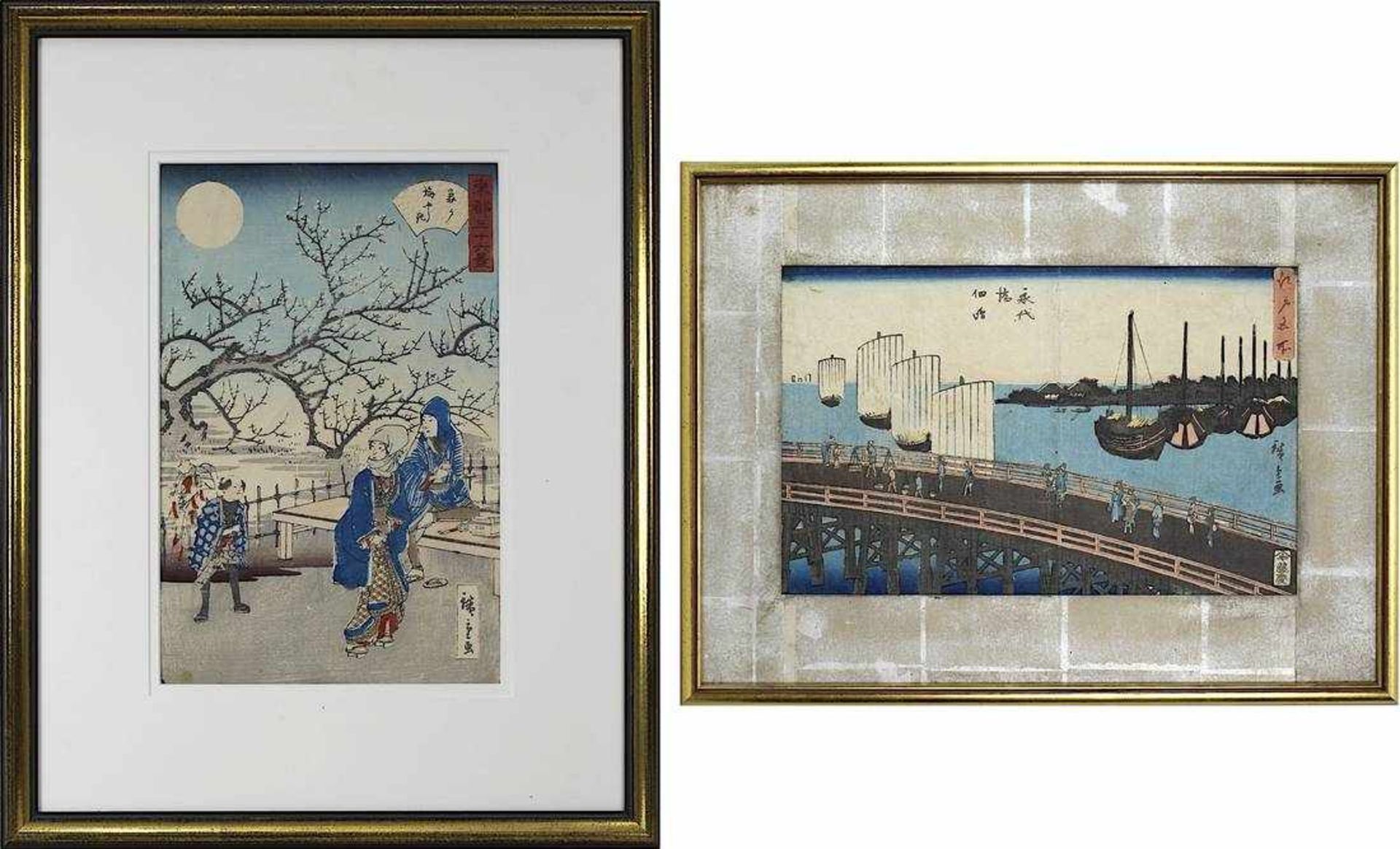 Utagawa Hiroshige (1797-1858), 2 Farbholzschnitte: Mond im Pflaumengarten in Kameido, 1862,