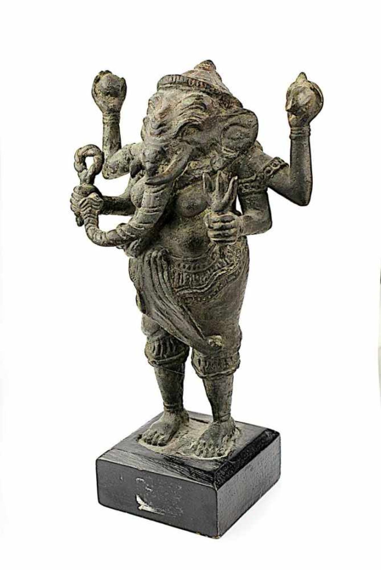 Ganesha, kleine Bronzeskulptur, Indien um 1900, stehende Figur des elefantenköpfigen Gottes mit 4