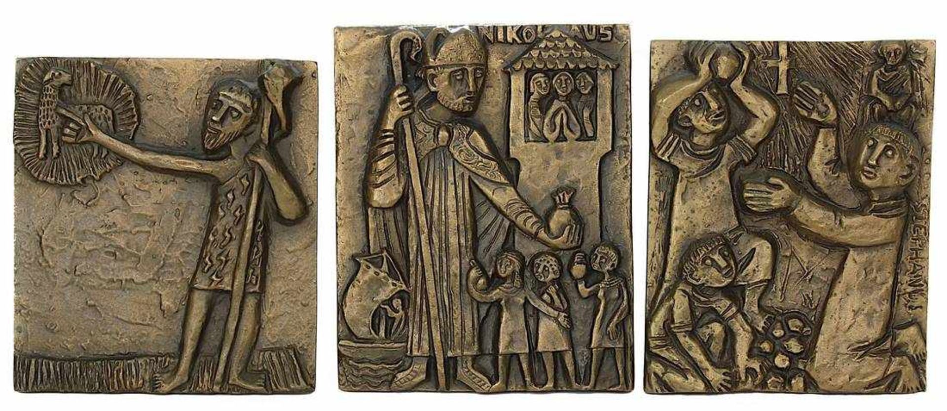 Weinert, Egino Günter (Berlin 1920 - 2012 Frechen), drei Relieftafeln aus Bronze mit religiösen