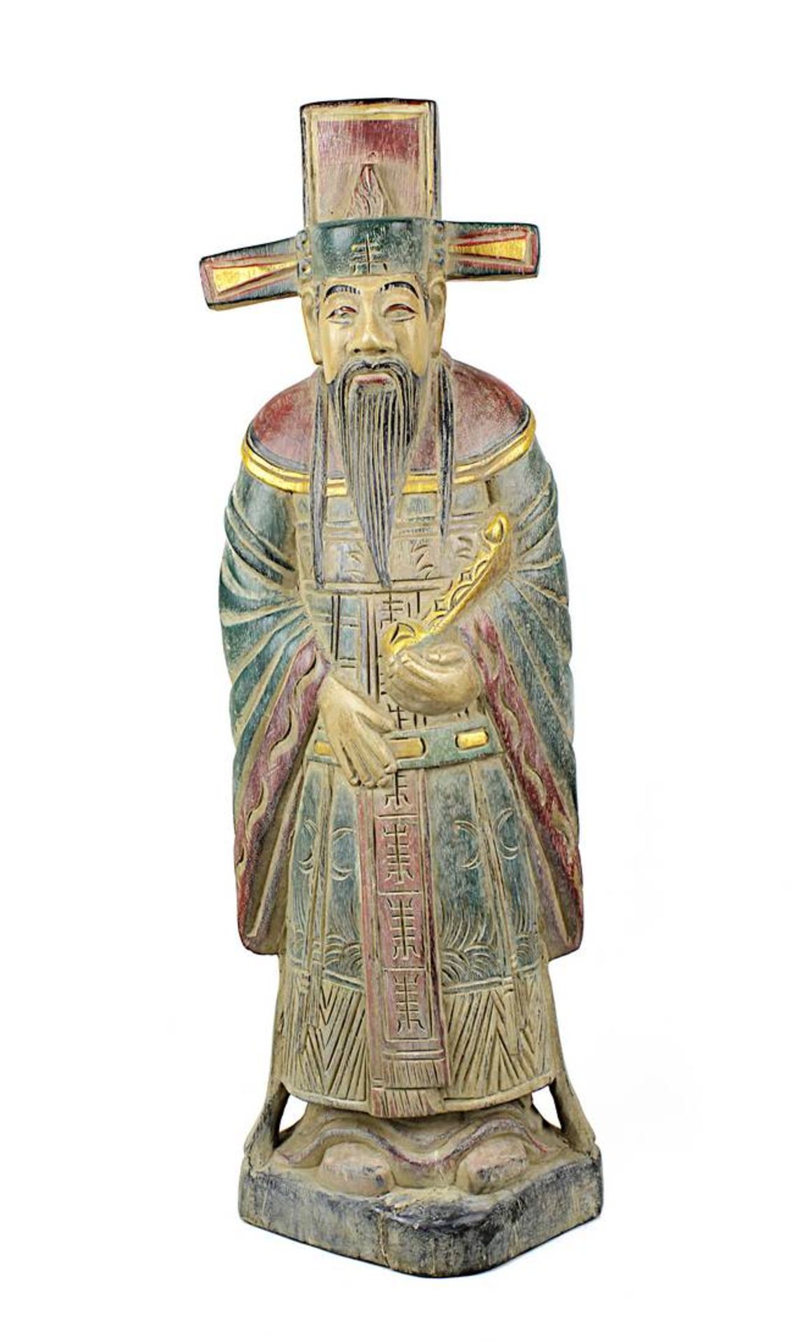 Holzfigur eines chinesischen Würdenträgers mit hohem Hut und langem Vollbart, 2. H. 20. Jh., aus