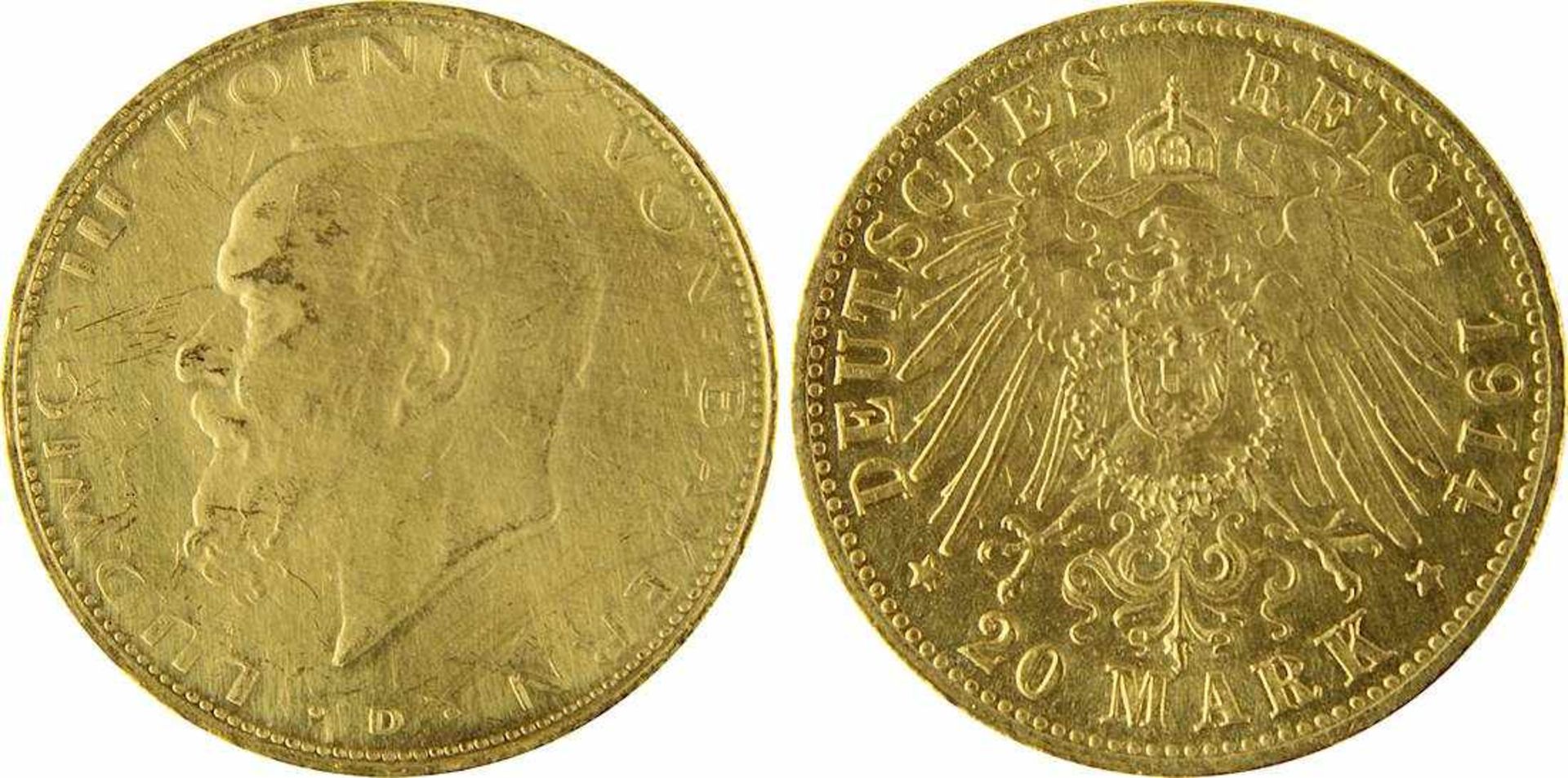 zurückgezogen / withdrawn---20 Mark Goldmünze Deutsches Reich, Bayern 1914, 900er Gold, VS Ludwig