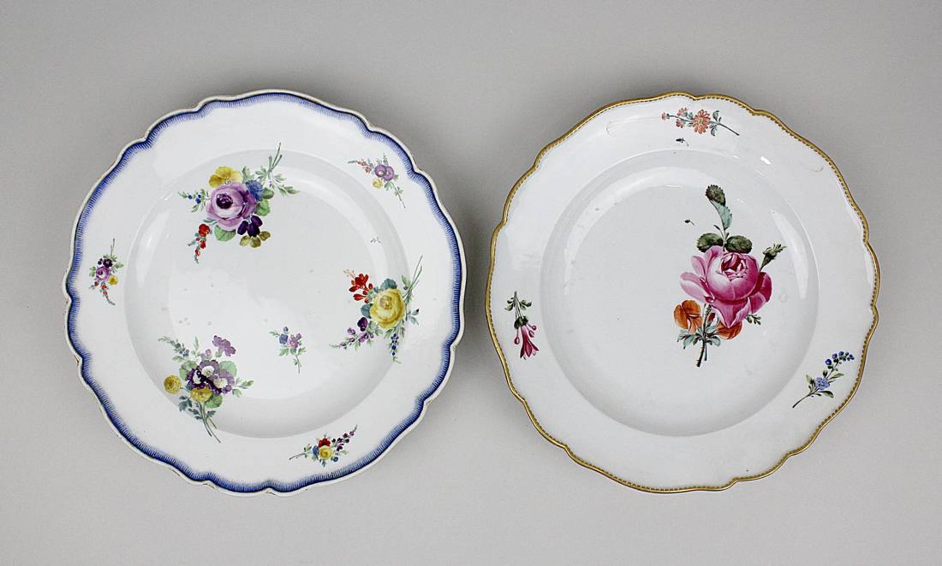 Meissen, Zwei Teller, 1774-1814, Marcolini-Zeit, Porzellan, weißer Scherben, polychrom auf Glasur