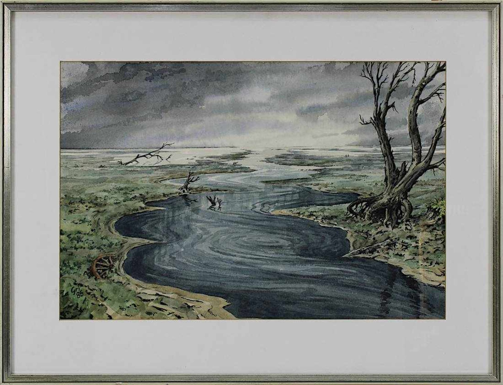 Grittmann, Eugen (Beckingen 1923 - 2015 Beckingen), Hochwasser im Niemandsland, Aquarell auf