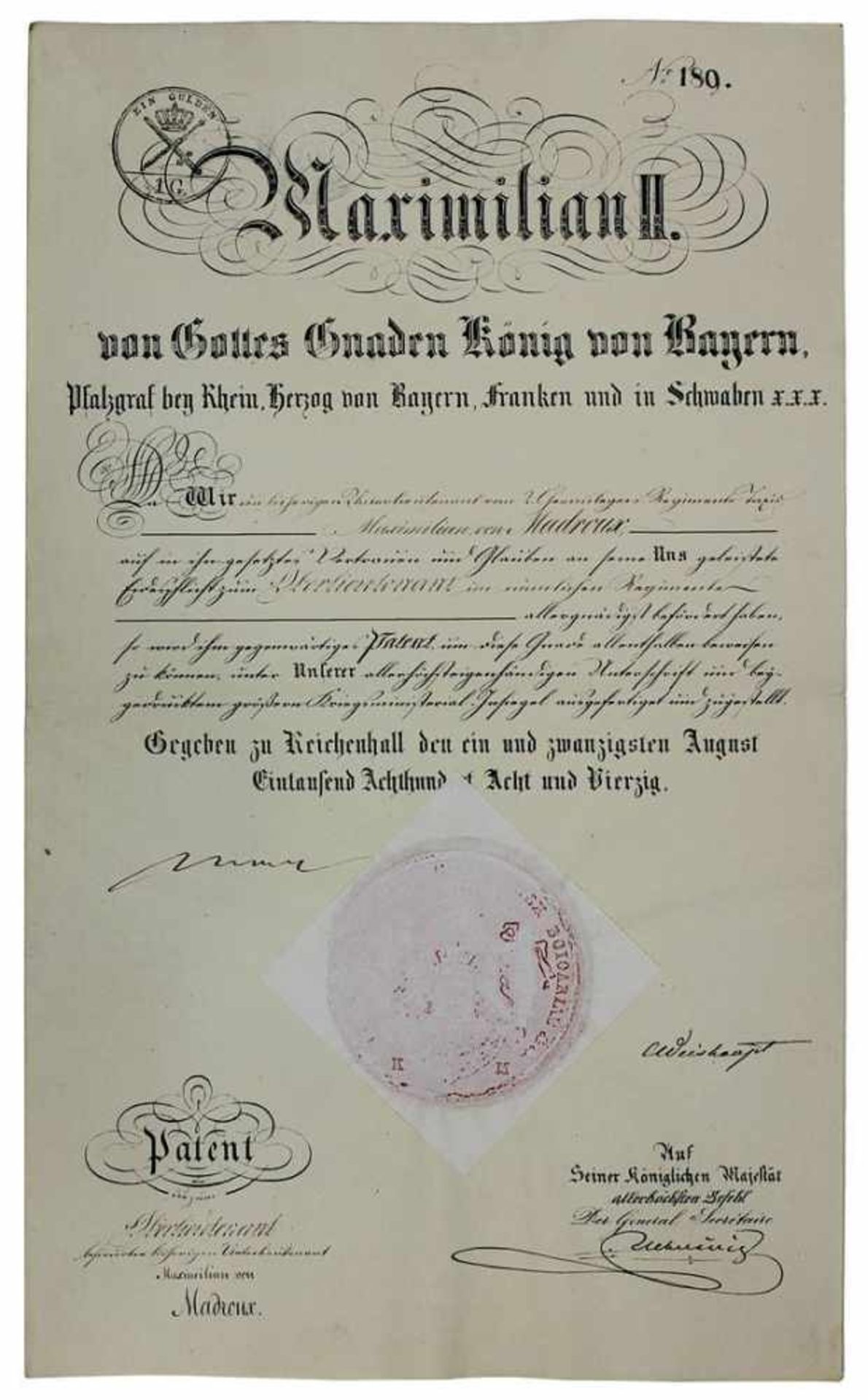 König Maximilian II von Bayern (1811 - 1864) Patent zur Ernennung des Maximilian von Madroux (1820 -