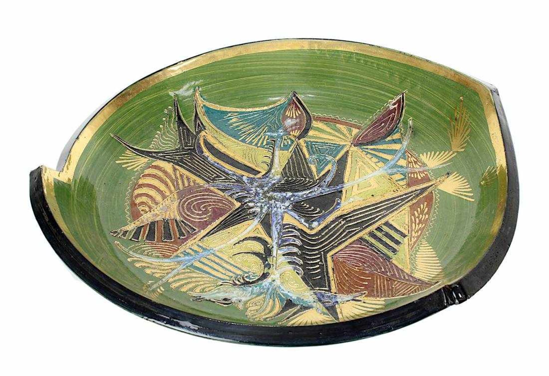 Künstler Keramik Teller, Italien oder Frenkreich um 1950, Keramik heller Scherben, mit Sureal