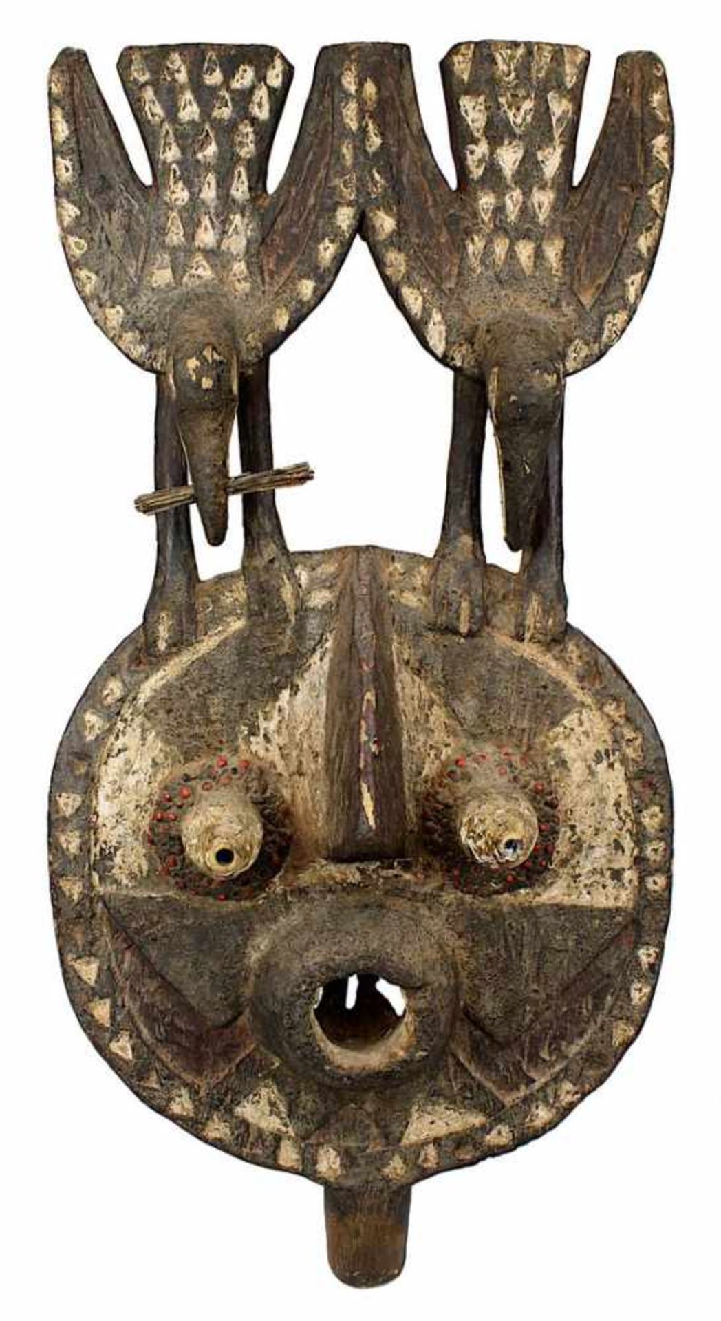 Ältere Maske der Bobo oder Bwa, Mali, helles Holz geschnitzt und dunkel gefärbt, Schauseite als
