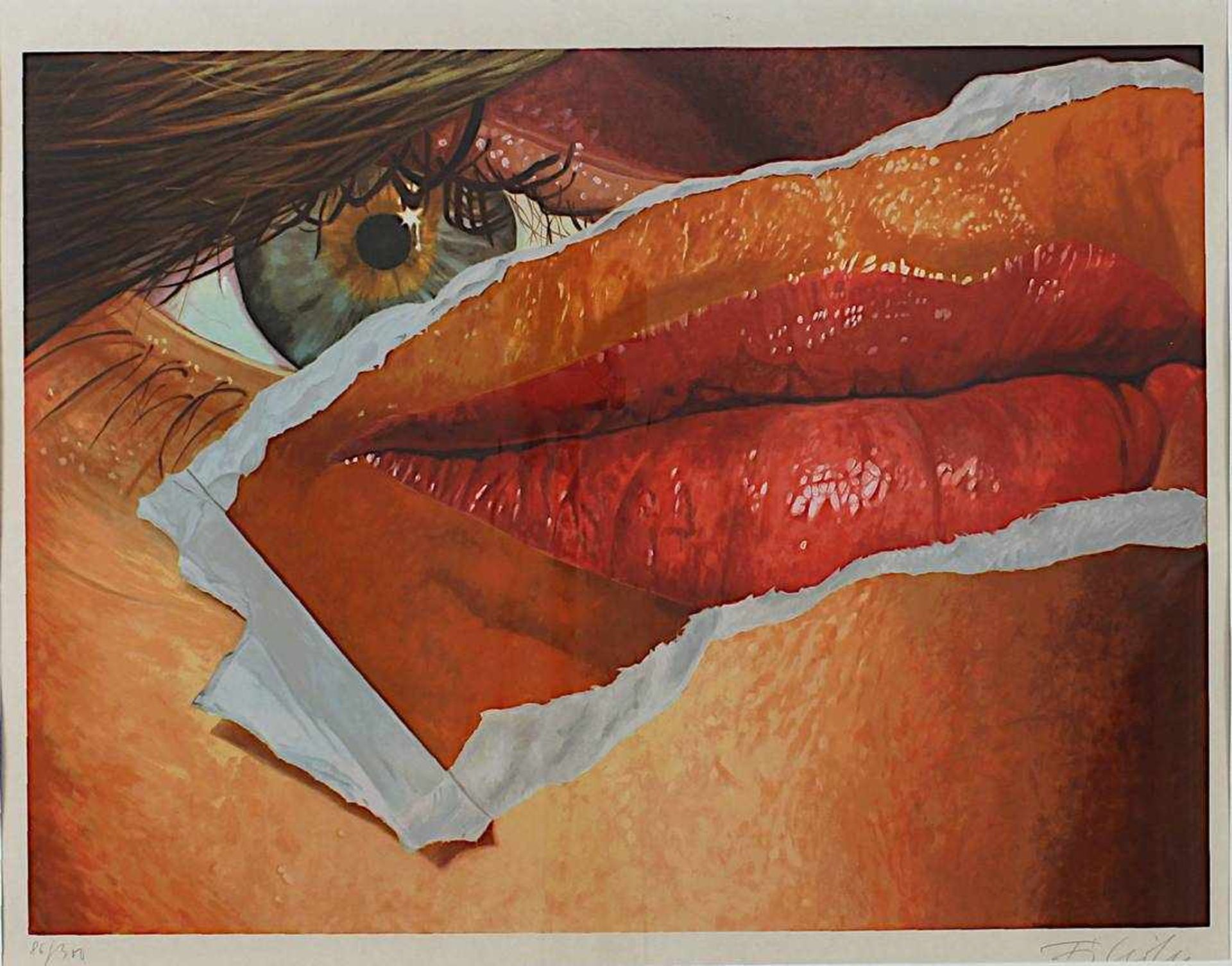 Zeitgenössischer Künstler, Mund und Auge, Farbserigraphie, am unteren Rand unleserlich signiert - Bild 2 aus 2