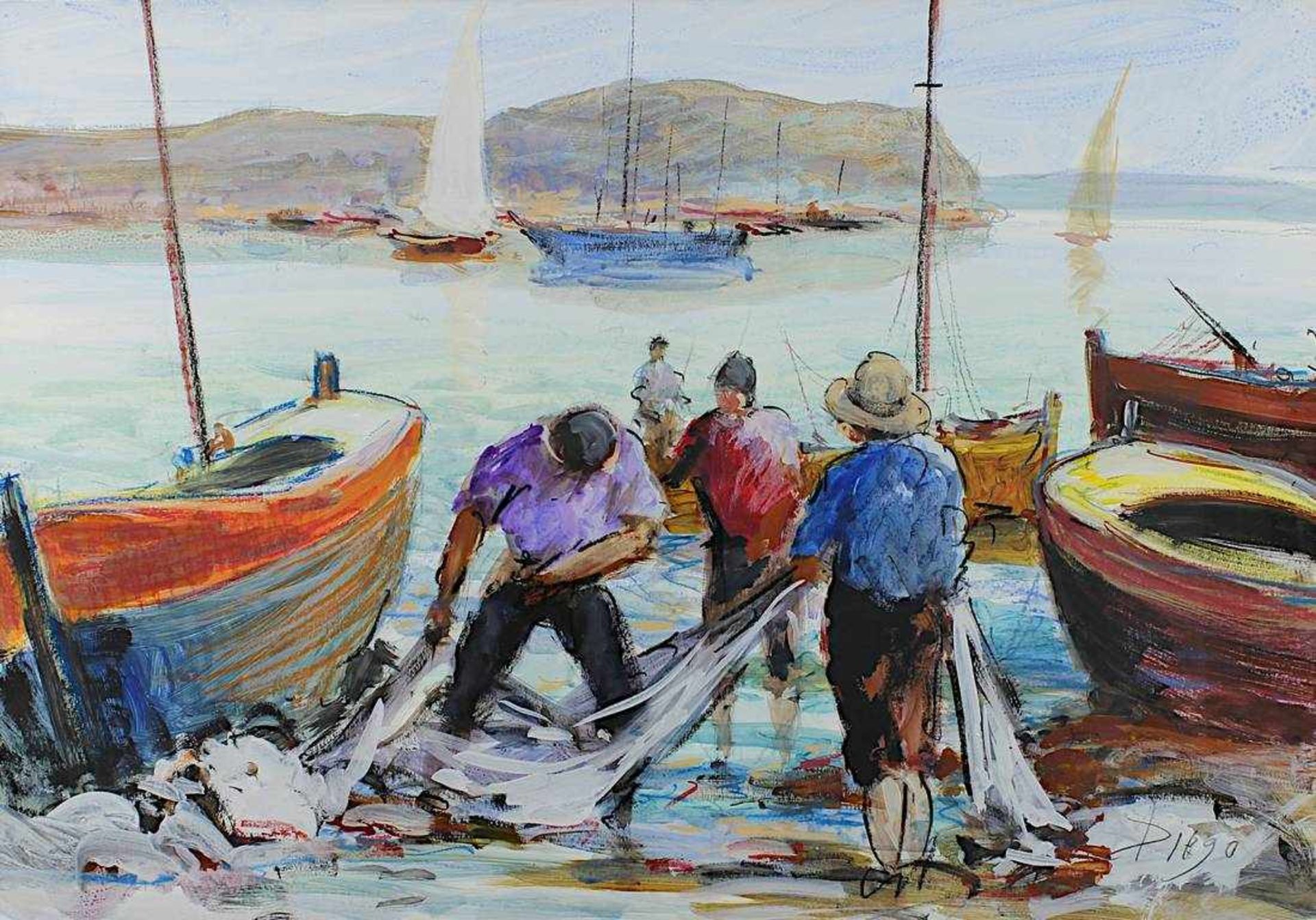 Vico, Diego (Gasperina 1920 - 1985 Taunusstein), Working Fishermen, Tempera-Gouache, re. unt. - Image 2 of 2