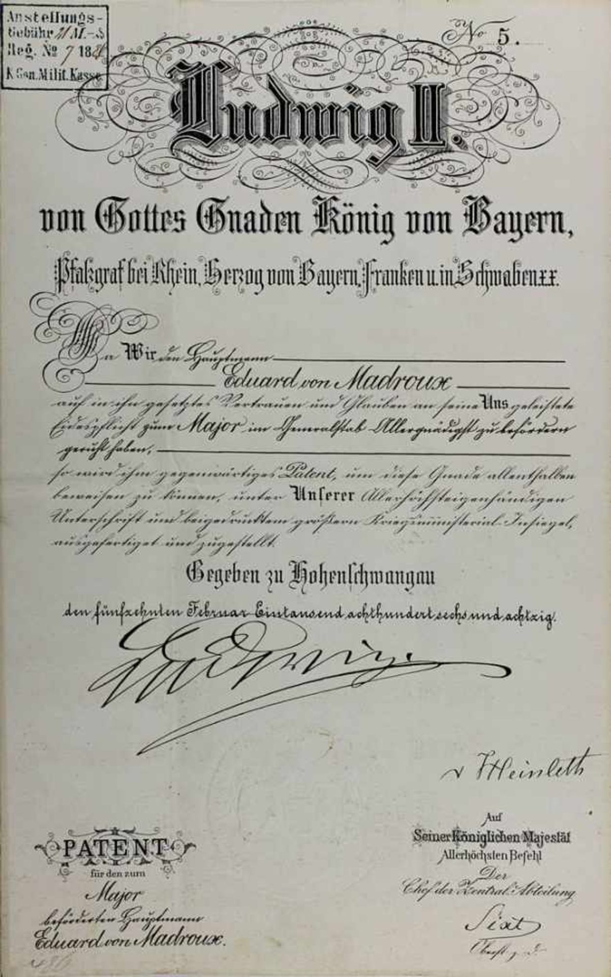 König Ludwig II von Bayern (1845 - 1886) Patent zur Ernennung des Eduard von Madroux (1845 - 1891)