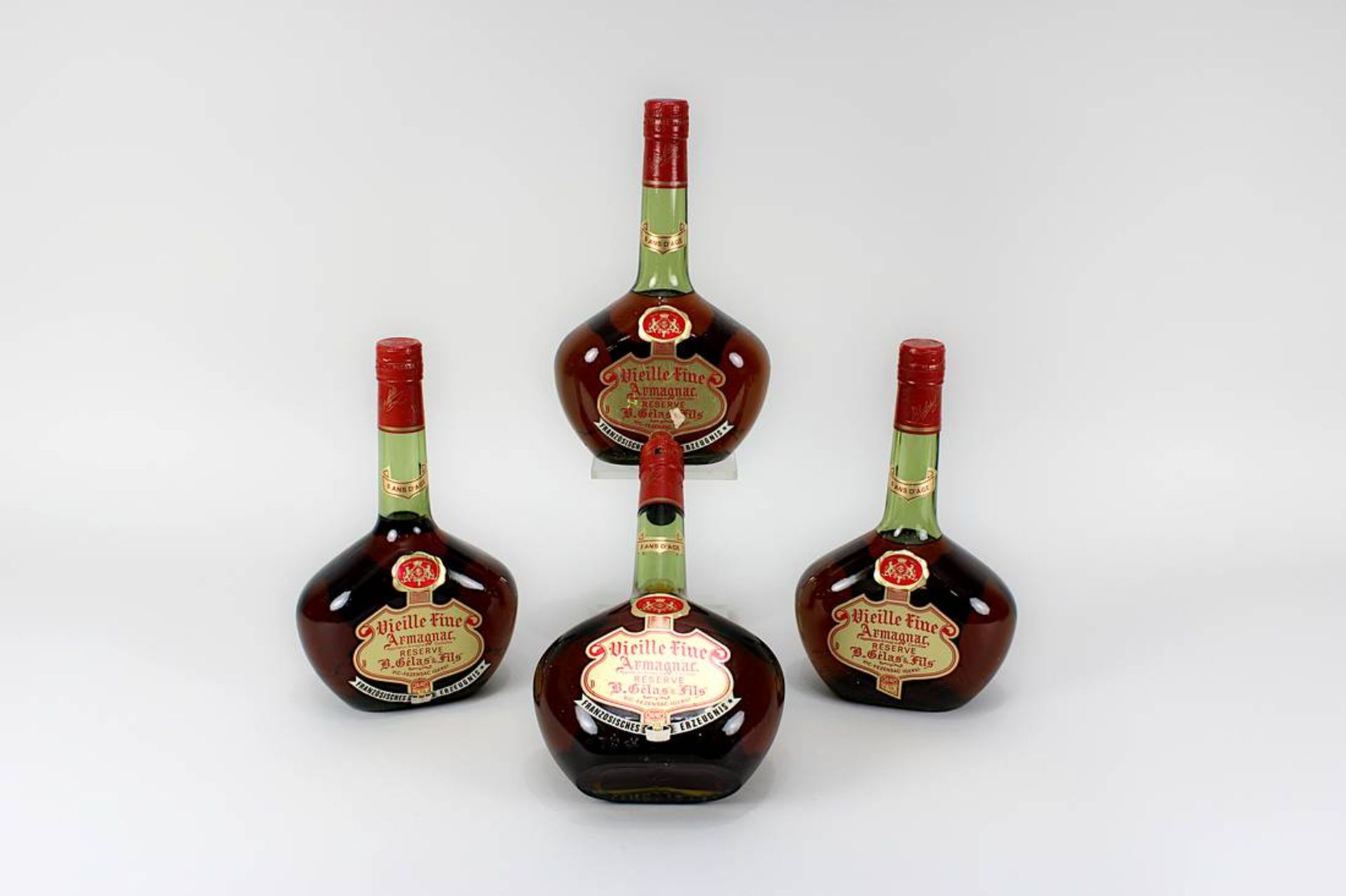 Vier Flaschen Armagnac, "Réserve", B. Gélas & Fils, Vic-Fezensac, Gers- France, 5 Ans D'Age, je 0,