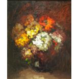 Louis PASTOUR (1876-1948). Bouquet de Zinias dans un vase boule. Huile sur carton, [...]