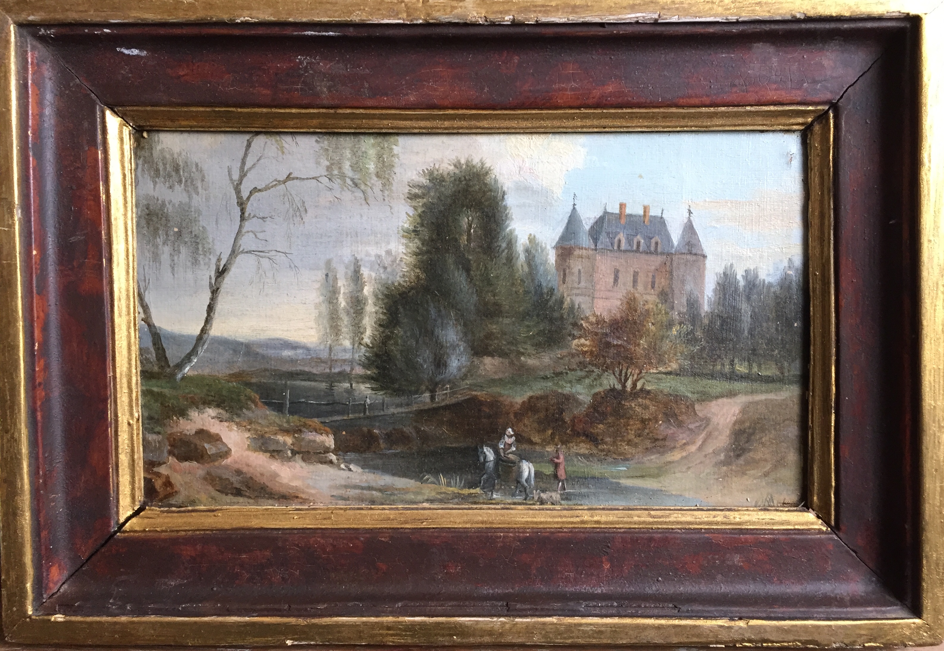 Ecole FRANCAISE du XIXe siècle. - Paysage animé au château. - Huile sur panneau [...]