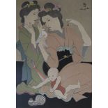 Tsuguharu (Léonard) FOUJITA (1886-1968) Geishas à la colombe Bois gravé Signé [...]