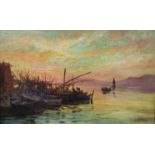 François Richard DE MONTHOLON (1856-1940). Barques le long du fleuve au crépuscule. [...]