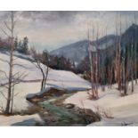 Suzanne LEMAIRE (XX). Ruisseau et vallée enneigée. Huile sur toile, signée en bas [...]