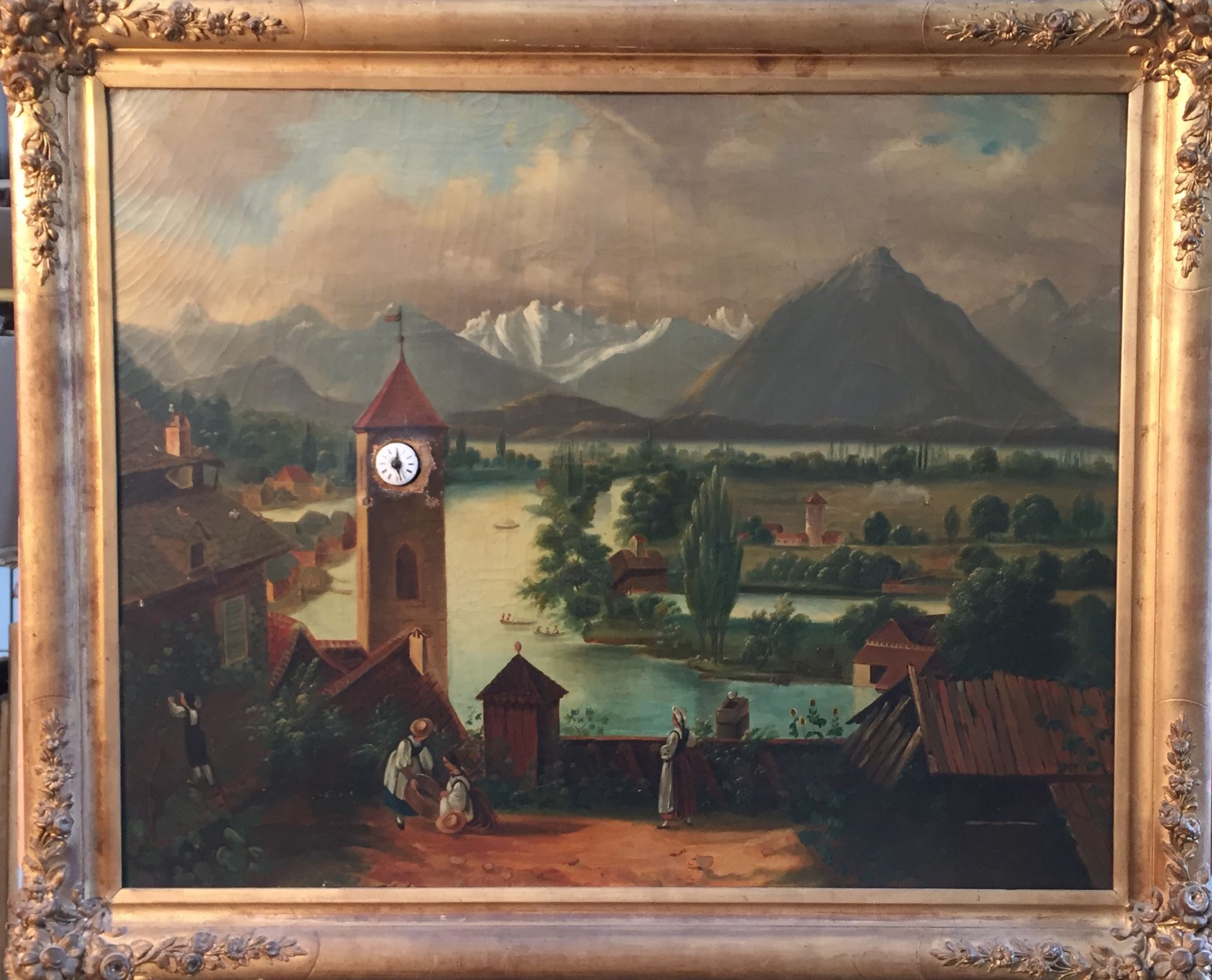 DURAND (XIXe). Paysage de montagne. Tableau horloge sur toile signée en bas gauche. [...]