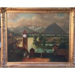 DURAND (XIXe). Paysage de montagne. Tableau horloge sur toile signée en bas gauche. [...]