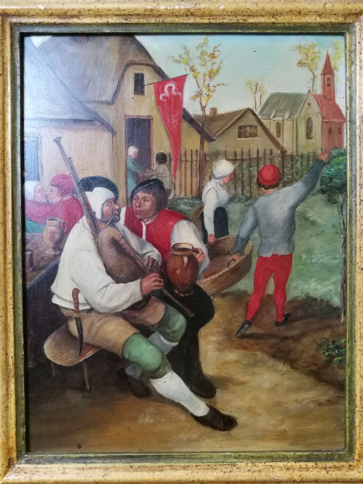 D'après Pieter BRUEGEL L'ANCIEN. La danse des paysans. Huile sur cuivre. XXe [...]