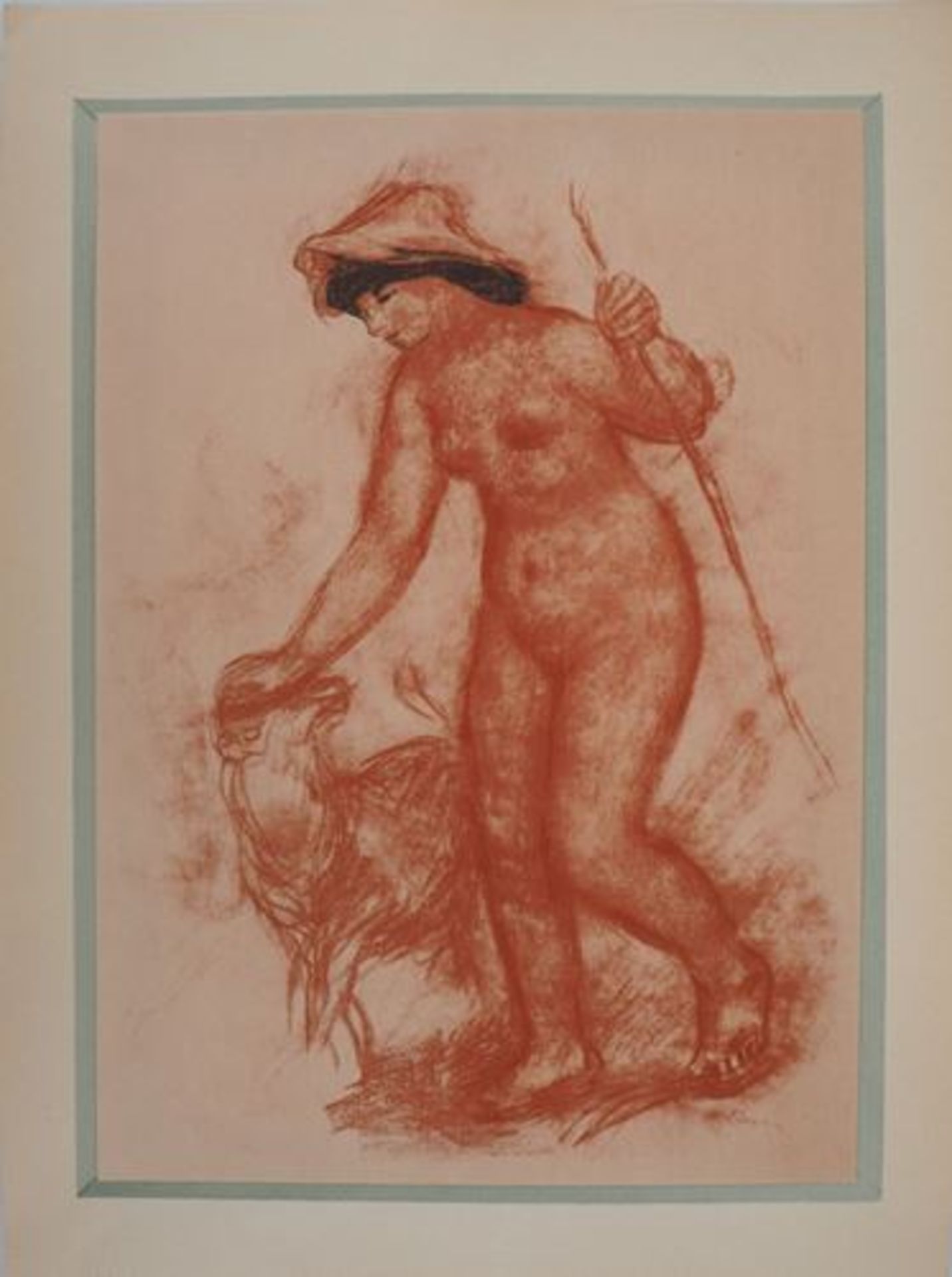 Auguste RENOIR (d'après) Bergère et agneau Lithographie et pastel au pochoir [...]