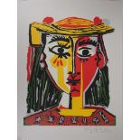 Pablo PICASSO (after) Woman with hat with pompoms Photo-lithograph on paper Signed in [...]