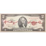 ANDY WARHOL (1928-1987) TWO DOLLARS Signed in red felt tip pen Stamp of the [...]