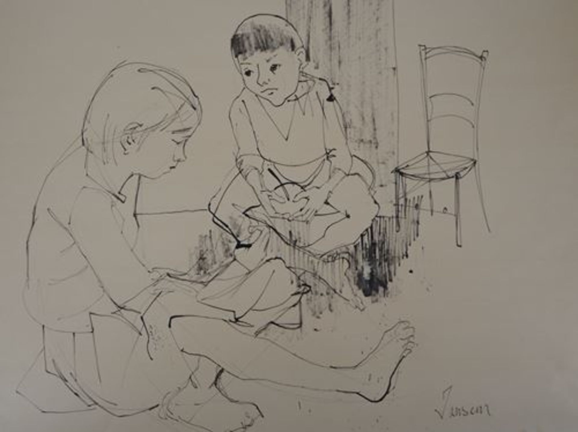Jean Jansem Playing Children Original drawing in Indian ink (a second small sketch on [...] - Bild 2 aus 7