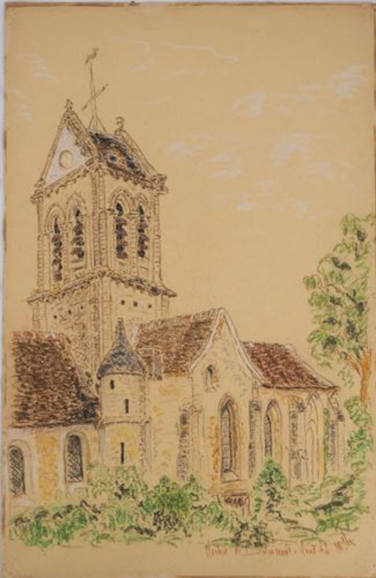 Ecole du début du XXe siècle Clocher de Delincourt Dessin au pastel [...]